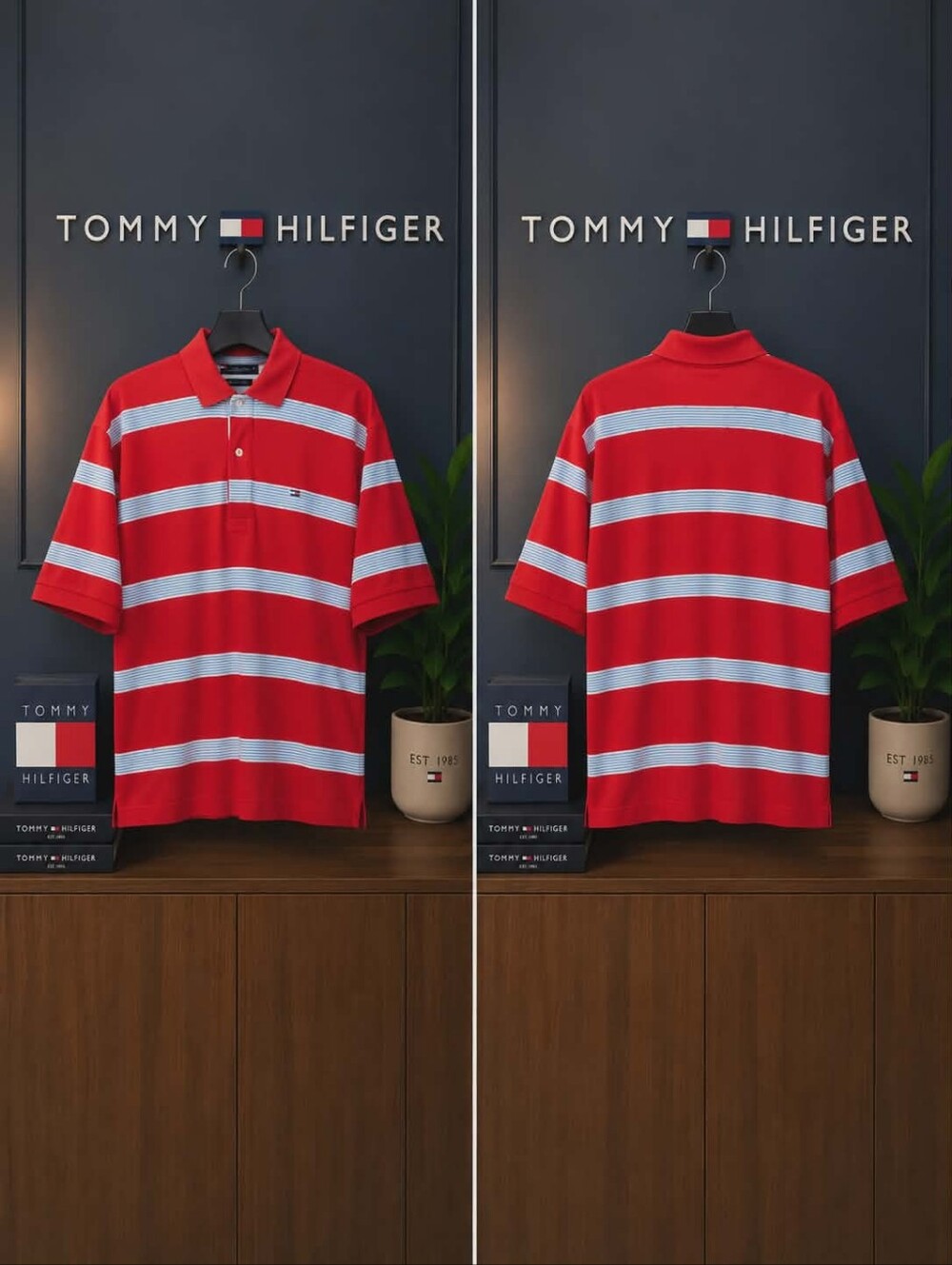 Tommy Hilfiger Men's Large Red Striped Polo Shirt Embroidered Flag Logo